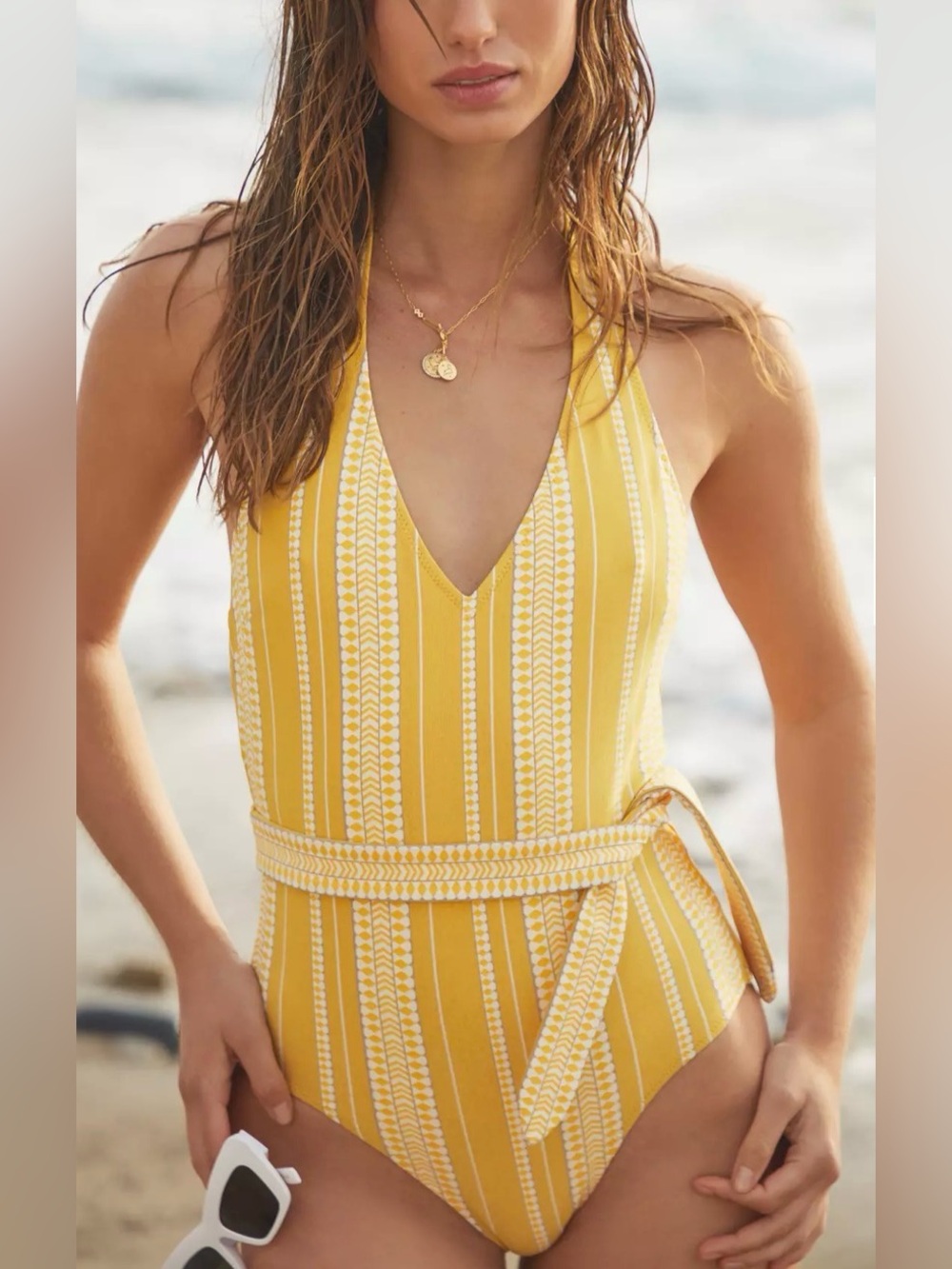 EUC lemlem by Liya Kebede Yellow Striped Halter One-Piece Swimsuit